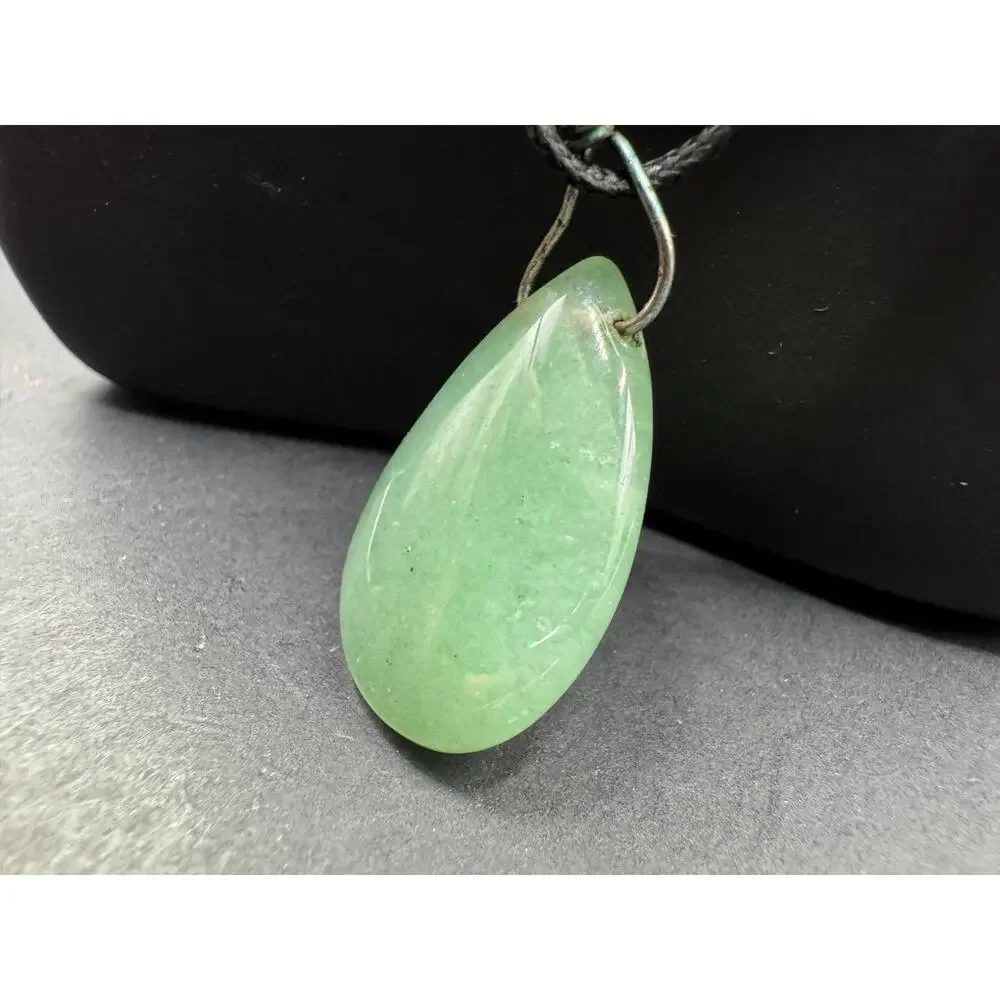 Vintage Silver Tone Green Jade Teardrop Pendant Black Cord Necklace